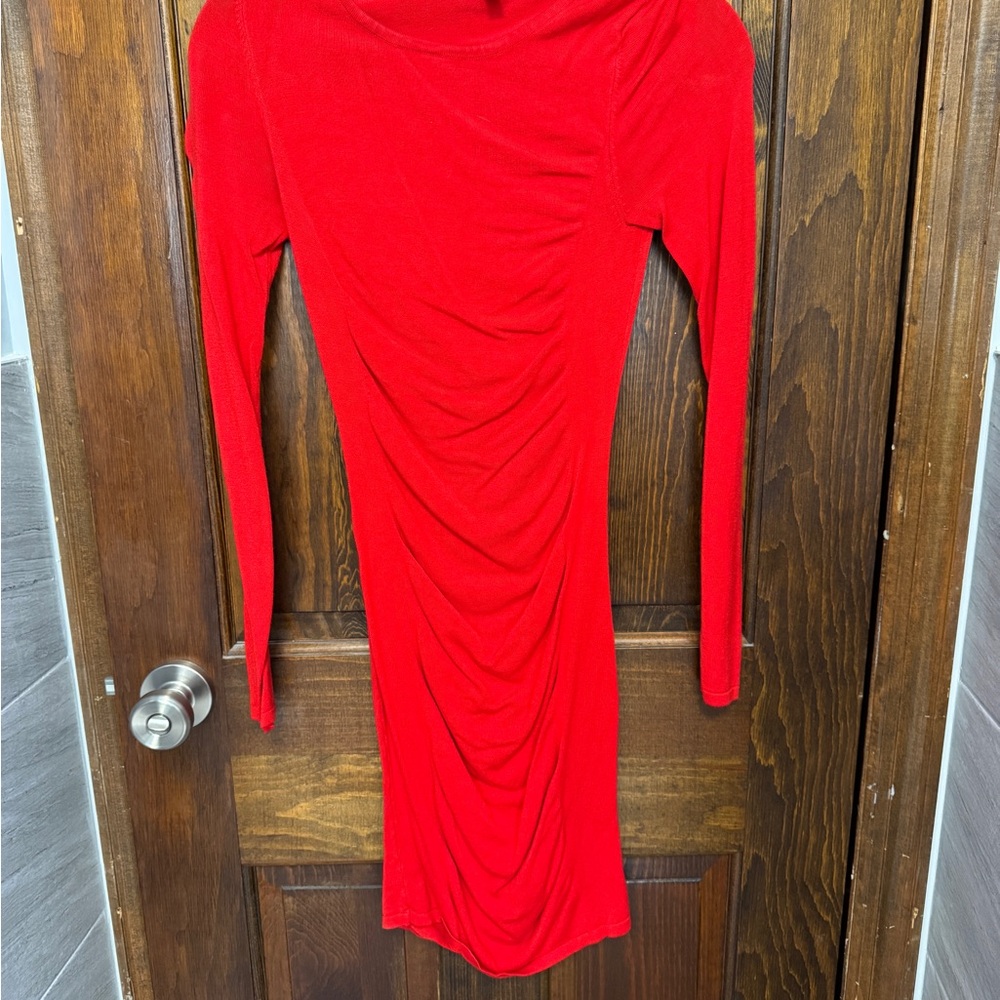 Express Vibrant Red Ruched Midi Dress
